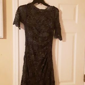 Formal dark gray sparkling shimmering lace dress